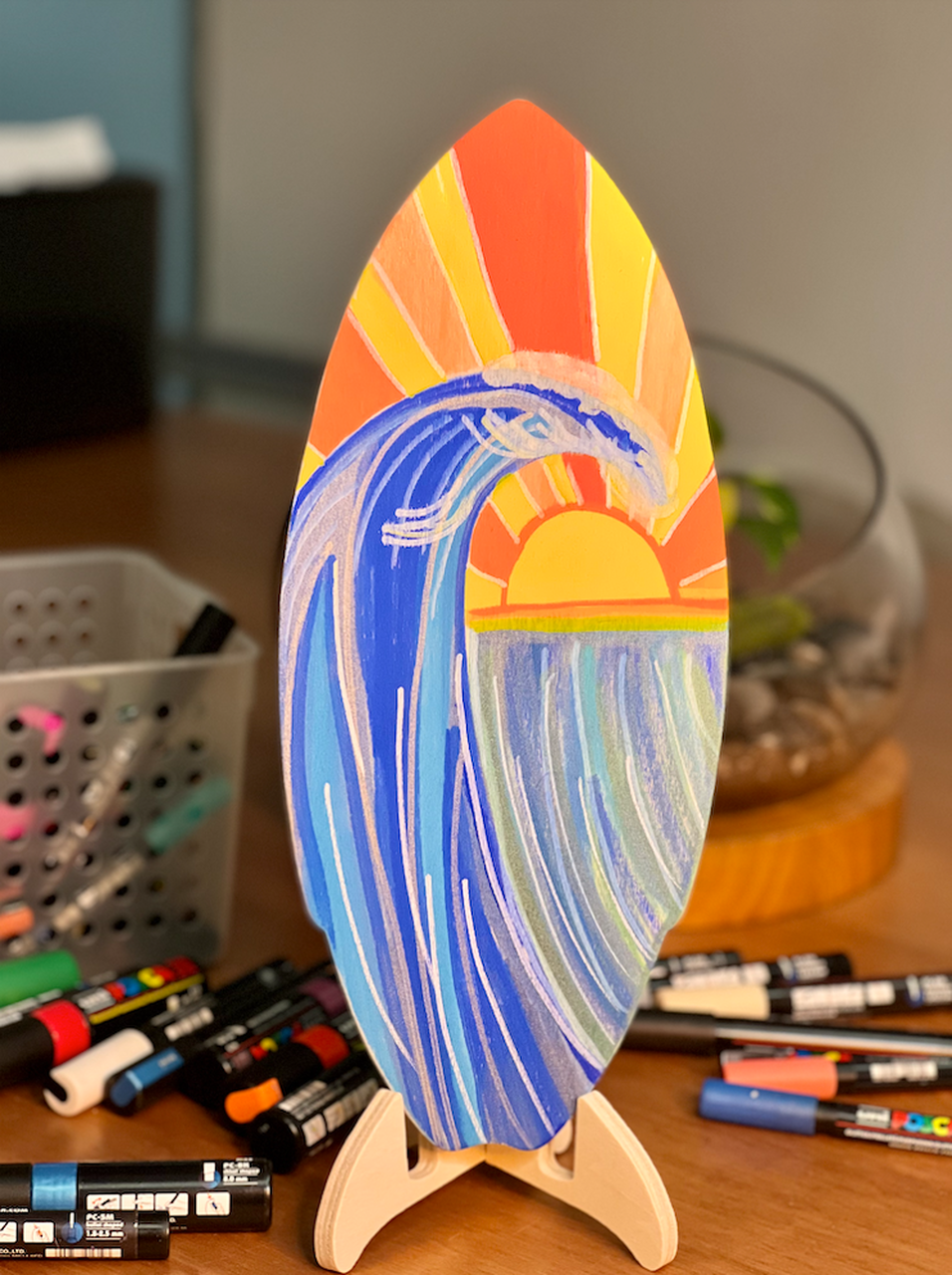 Blank Wooden Plywood Surfboard with Stand decorated using posca mrkers