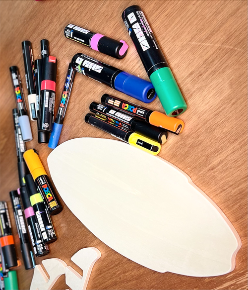 Blank Wooden Plywood Surfboard with Stand with Posca markers