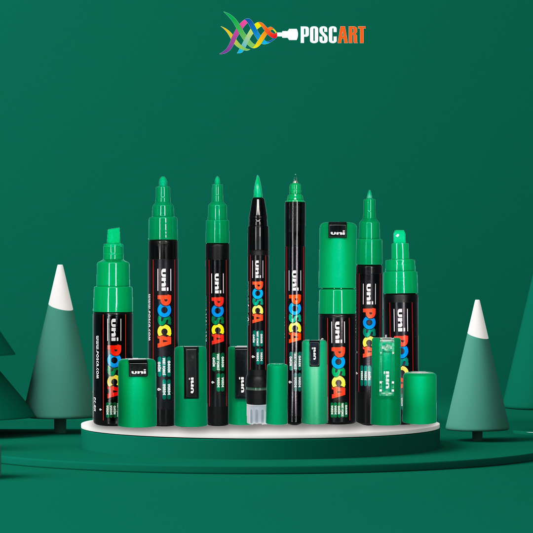 Posca 8 tip sizes in green ink only - try the whole tip range in green!