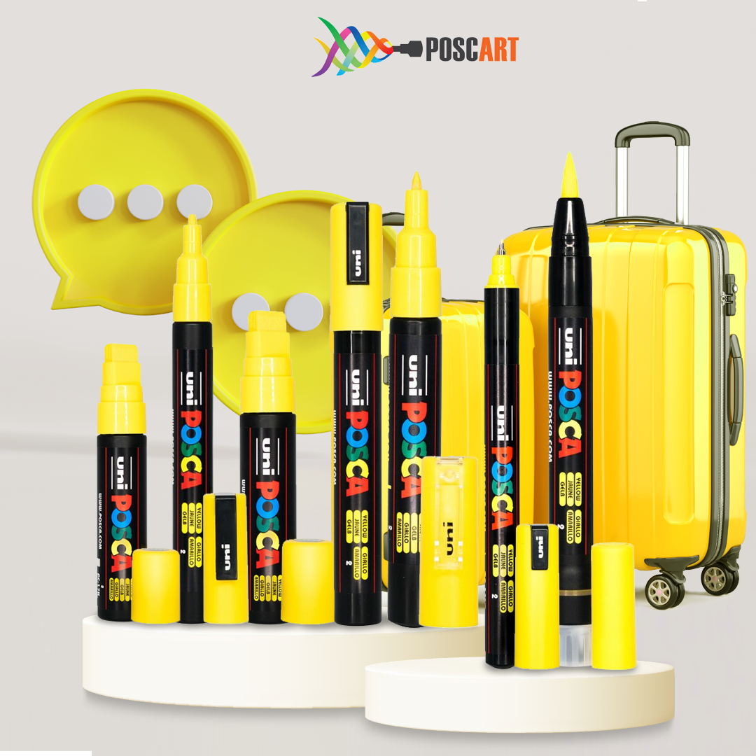 Posca 8 tip sizes in yellow ink only - try the whole tip range in yellow!